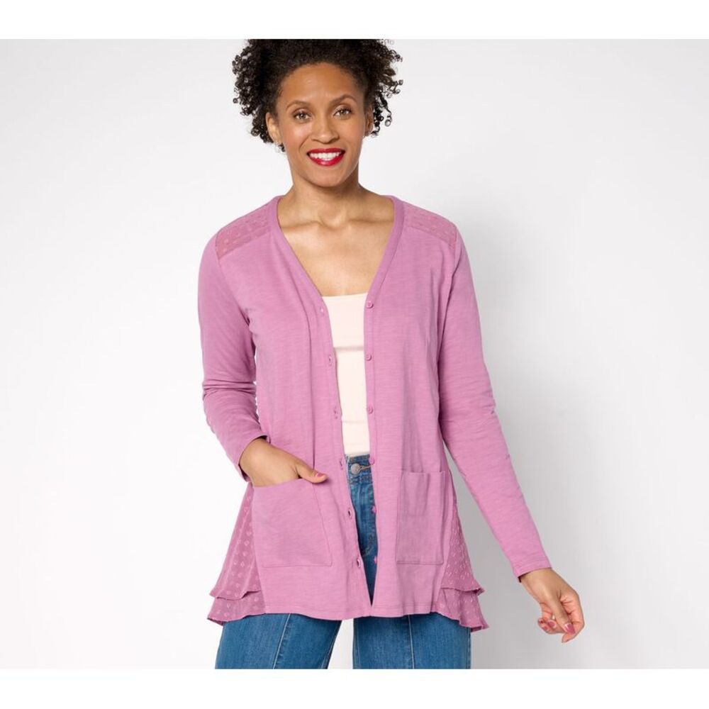 Liberare Women's Top Sweater Sz XL Knit Cardigan Clip Dot Trim Purple A712128